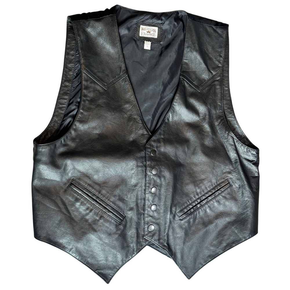 Western Frontier Mens Black Leather Vest Large Snap Front Cinch Back Biker‎